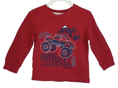VTG Boy Sz 2T Shirt Red Long Sleeve Heavy Waffle Weave With Print Oshkosh B'gosh