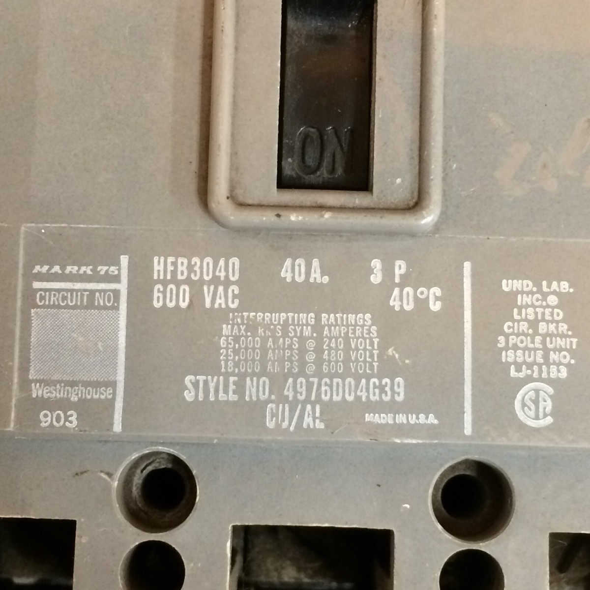 Westinghouse HFB3040L 40 Amp Breaker 600V 3-Pole 40A Style