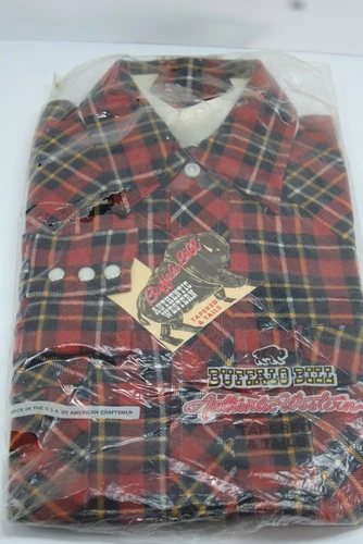 Vtg 70s Buffalo Bill Western Flannel Cowboy Shirt Pearl Snap NOS Small Tapered