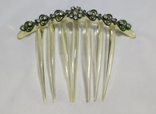 Vintage Celluloid Hair Comb with ornate metal design and rhinestones, 2.5 x 4 in