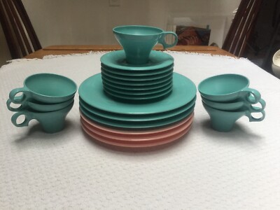 Russel Wright Flair Turquoise and Pink 20 Pieces Plates, Cups and Saucers 