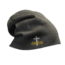 Slouchy Beanie for Men Christian Cross, Jesus Embroidery Cotton Women Skull Cap