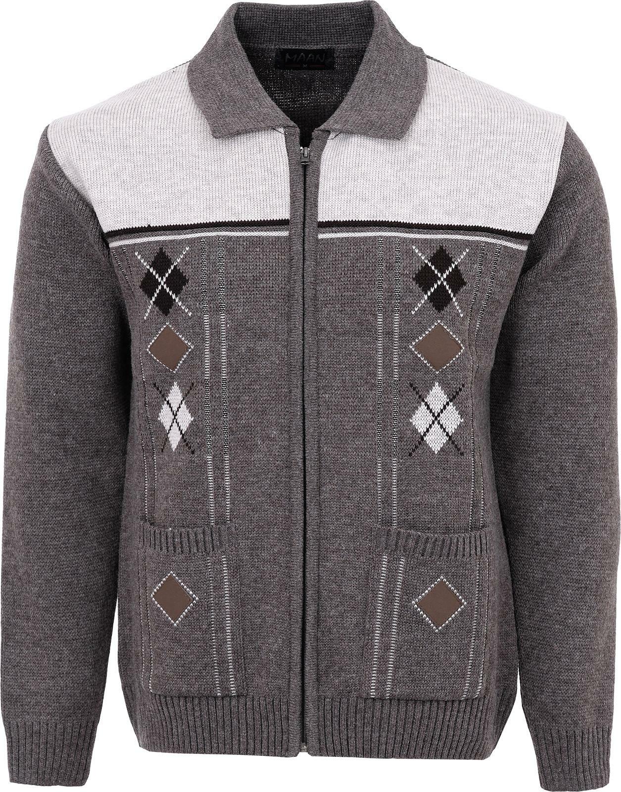 Mens Knitted Cardigan Chunky Knit With Full Zip Front Closure Collared