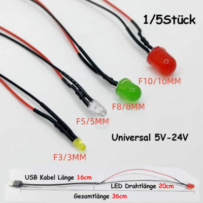 F3/F5/F8/F10 LED Glühbirne vorverdrahtete Leuchtdioden 5V-24V mit USB Datenkabel