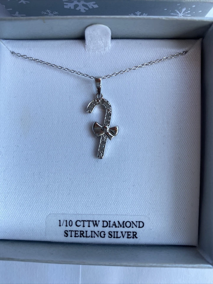 Macy's 1/10 cttw Diamond Candy Cane 18″ Pendant Necklace 925 Sterling Silver  - Image 2 of 4