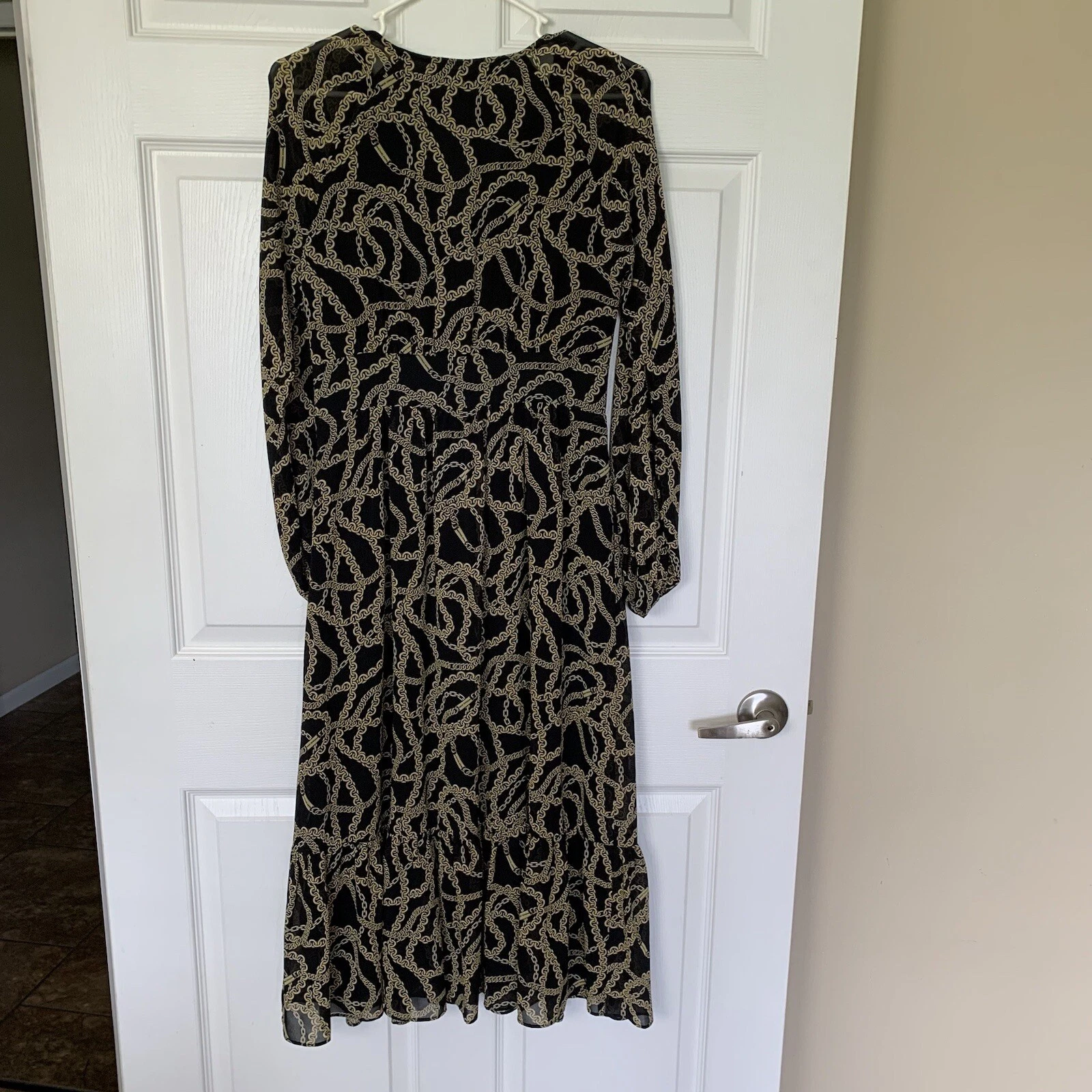 Abito Michael Kors XS nero oro stampa catena slinky chiffon maniche lunghe
