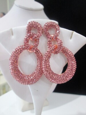 Interlocking Circle Drops Door Knocker Style Earrings Rose Gold Pink Crystals