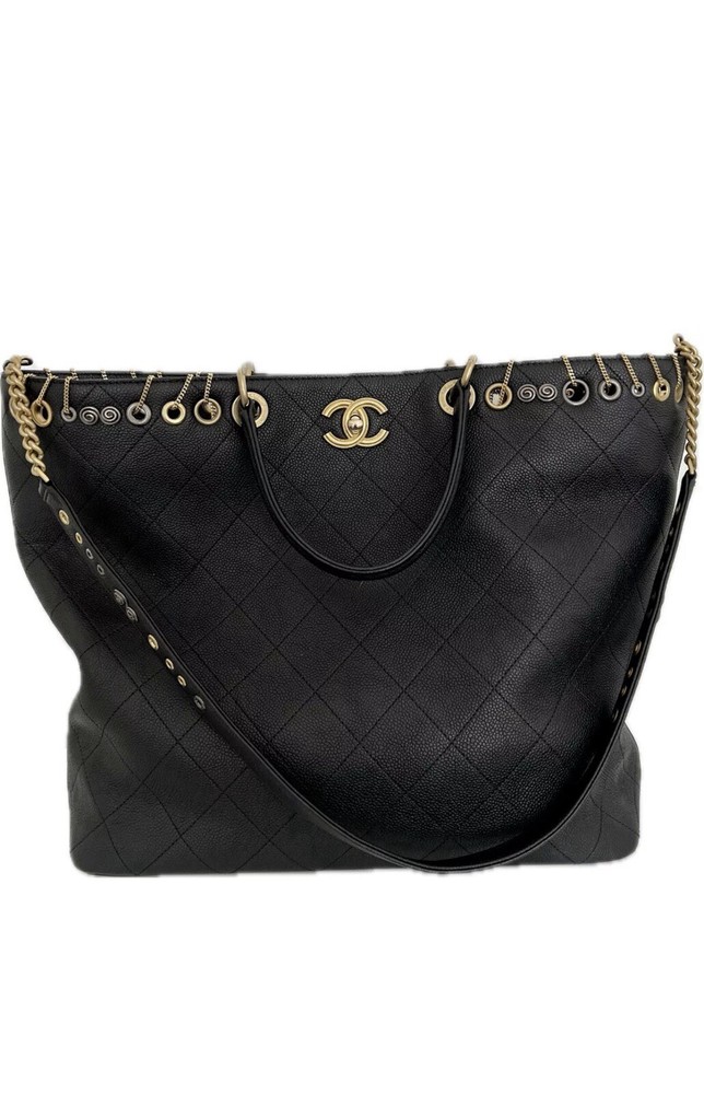 Chanel CAVIAR QUILTED GROMMET EMBELLISHED ‘Piercing Chic’ BLACK Tote