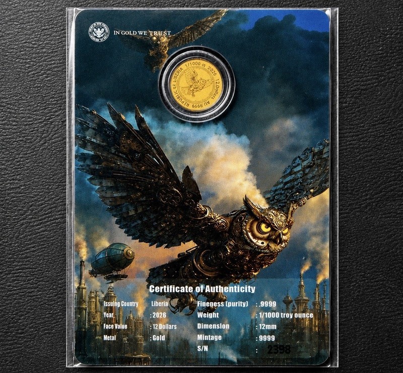 Liberia 2026 Steampunk Owl Gold Coin 1/1000 oz .9999 Fine COA Card #2398