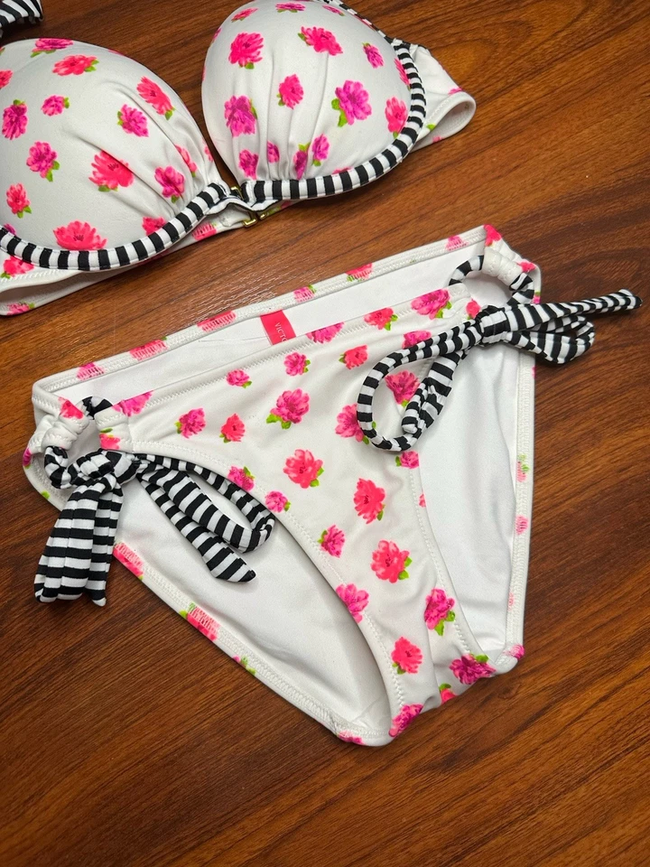 Bikini Victorias Secret Y2K 2012 conjunto de 2 piezas rosa blanco y negro rayas talla S 32C Foto 3 de 4