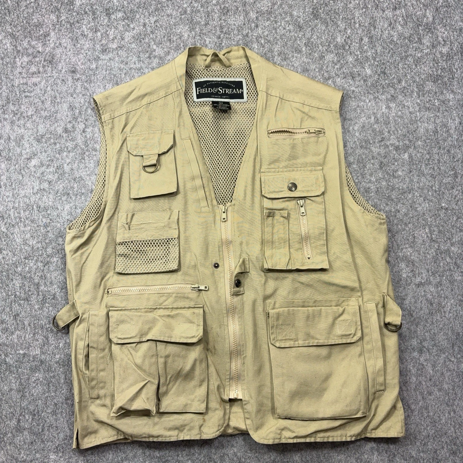 Field & Stream Fly Fishing Vest Mens Large Khaki Beige Multipocket Outdoors Zip