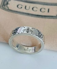 Gucci Sterling Silver GG Signature Bee 6mm Ring Italy Size 18 US 8