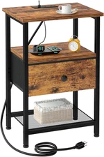 Night Stand, Nightstand with Charging Station, End Table with Storage Fabric Dra