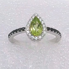 Pear Peridot  Black Spinel Band Simulated CZ Halo .925 Sterling Silver Ring 8