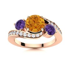 5MM Round Shape Citrine 925 Sterling Silver Rose Plated Three Stone Women Ring