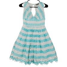 ASOS Lace Dress sz 0 White Turquoise Stripe Fit Flare Cocktail Cottagecore Fairy