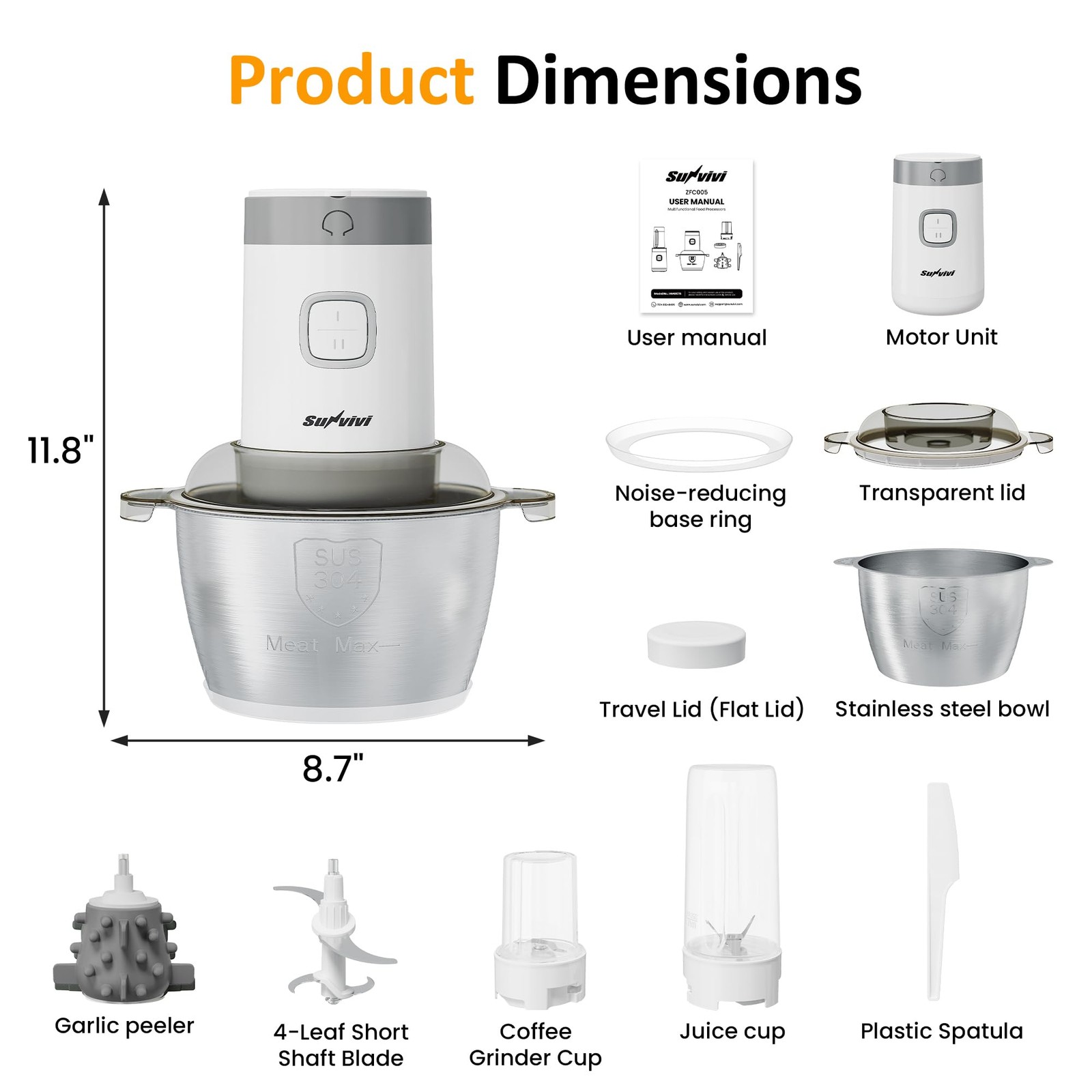 Best Sunvivi 4-IN-1 Food Processor Electric Chopper for Meat Grinder Vegetable