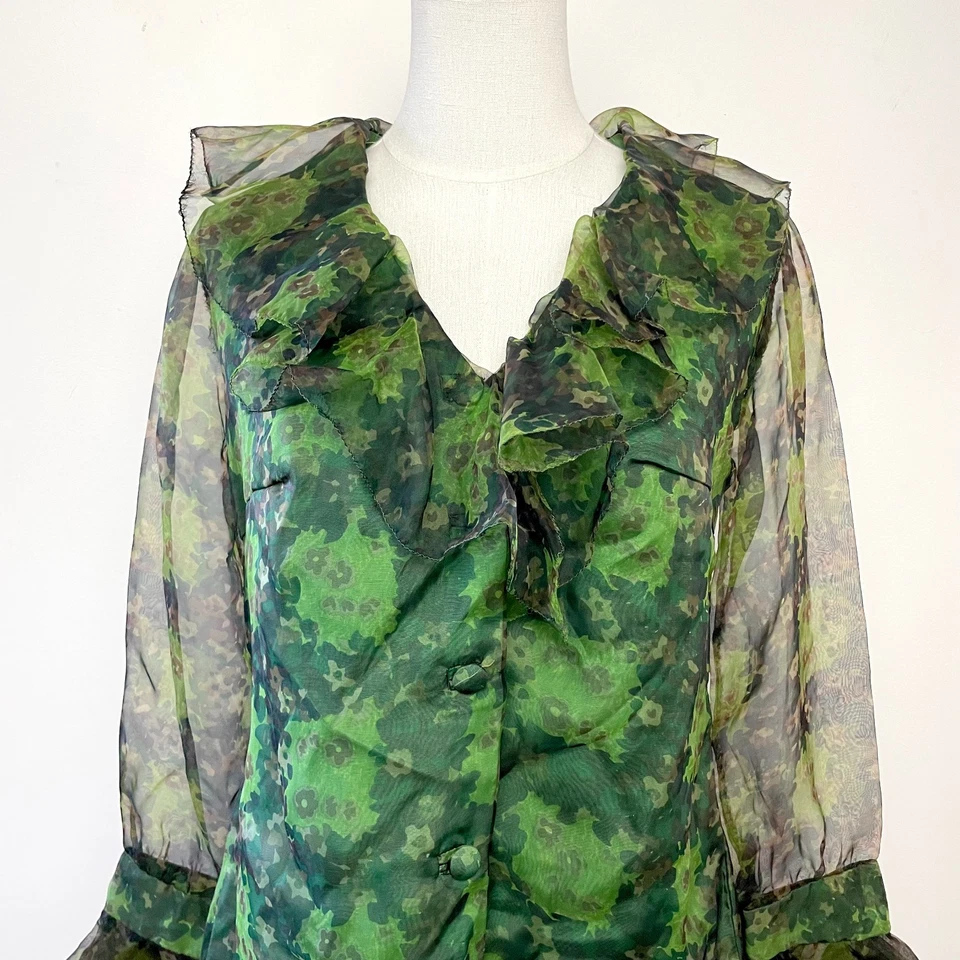 Vestido Grunge Vintage Años 60 70 Gasa Transparente Volantes Floral Verde Cottagecore Hada Foto 2 de 4