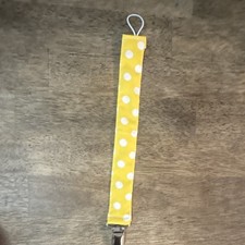 Yellow White Polka Dot Fabric Pacifier Clip Holder Strap w/ Metal Clasp