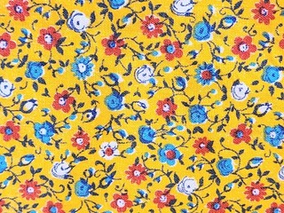 Vintage Yellow Background Blue Roses Red Flowers Calico Cotton Fabric 35"W 26"L