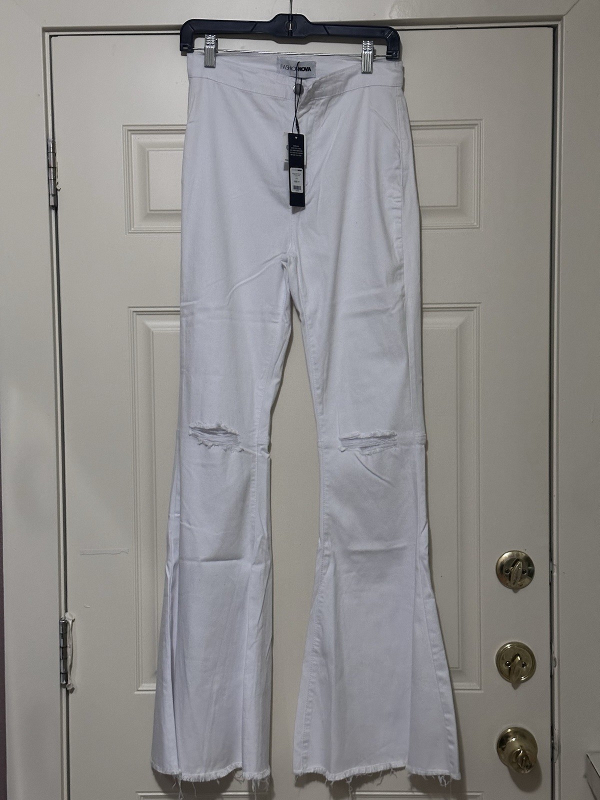 Fashion Nova Women’s White Distressed Bell Bottom Flare Denim Jeans