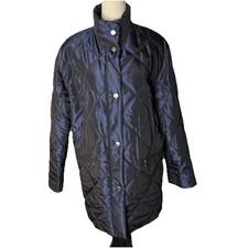 Basler Long Quilted Coat Women’s Size 34 US XS / 4 Zip Up Navy Quiet Luxury