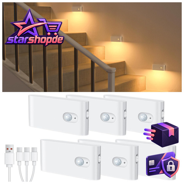 Treppenlicht LED Mit Bewegungsmelder Aufladbar Kabellos Warmweiß 6 StüCk-image