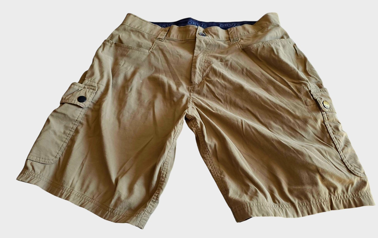 Orvis Cargo Shorts Mens Size 36 Brown Nylon Spandex Waistband Zip Back Pockets