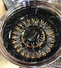 Lowrider Wire Wheels 13x7 72 Cross Rev Black Lip Black Hub Gold Nipples Gold