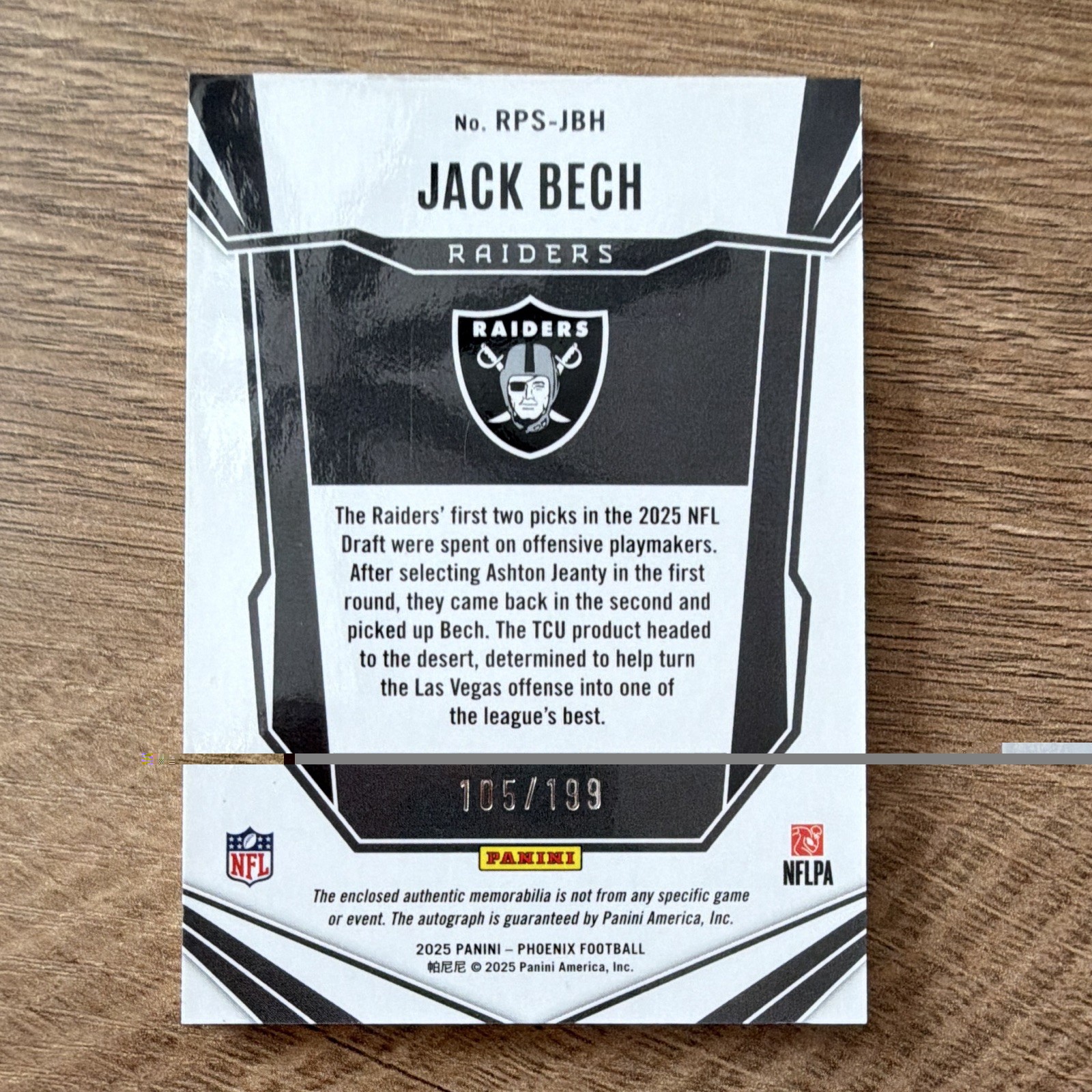 Panini Jack Bech Las Vegas Raiders 2025 Phoenix RPS-JBH RC Auto Patch /199 view 2