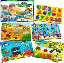 5 Pack Wooden Puzzles for Toddlers 1-3 - Chunky Peg Puzzles - ABC, Numbers, Anim