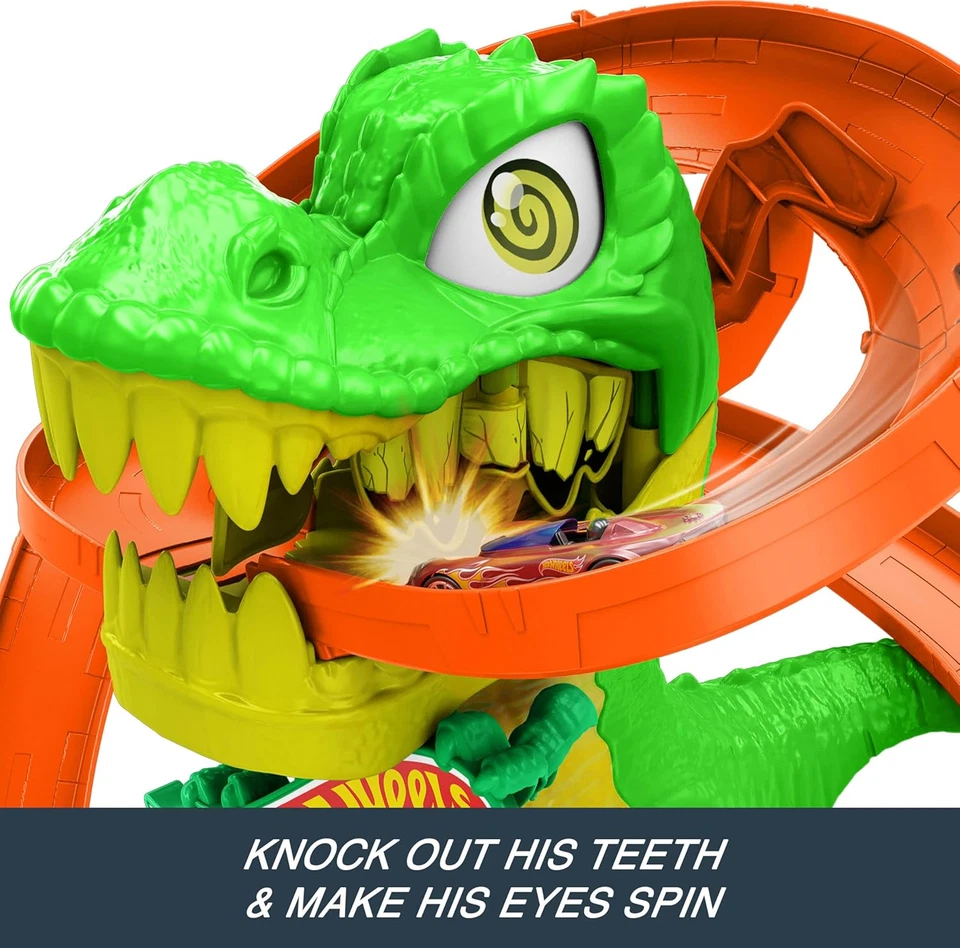 Juego de pistas de coche de juguete, juego City T-Rex Blaze Battle y vehículo fundido a presión a escala 1:64 Foto 3 de 4