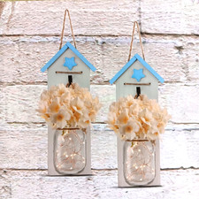 MASON JAR WALL SCONCES W/LED FAIRY LIGHTS, Set of 2 in white w/blue accents, 13