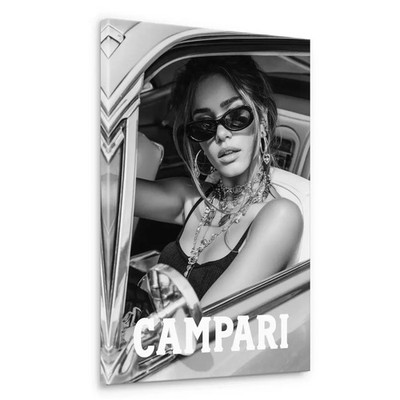 Campari Frau Auto Schwarz Weiß Leinwand Bild Wandbild Vintage Style Lifestyle