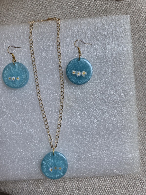 Handcrafted Blue Resin Floral Necklace & Earrings Jewelry Set for Women