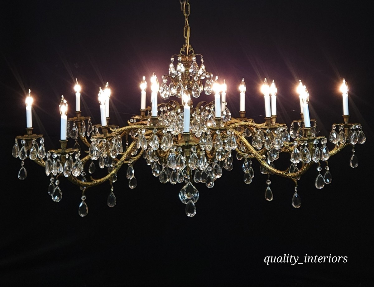 Huge Antique French Brass Crystal Chandelier 66