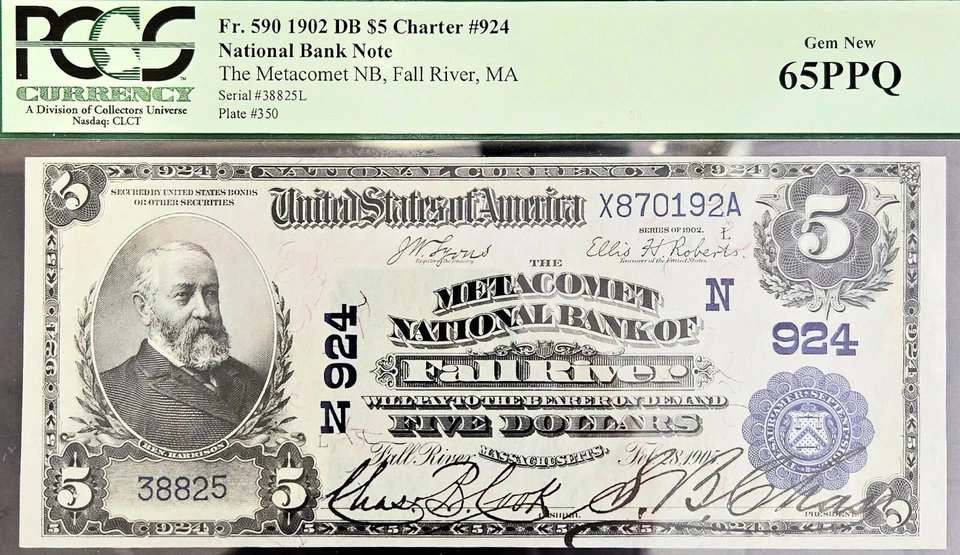 1902 Fr 590 DB $5 Charter #924 Bank Note - Metacomet National Bank Fall River MA - Image 3 of 4