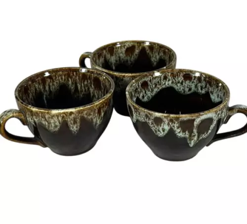 Vintage Pottery Coffee Mug Cup Brown Drip Glaze Set Of 3