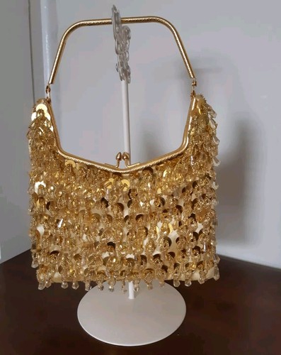 Vintage Gold Perlen Abend Hochzeit Tasche Hand Made In Hong Kong *