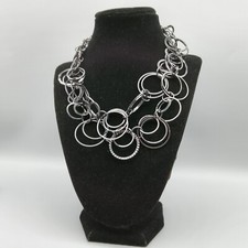 Daisy Fuentes Gunmetal Tone Round Link Necklace Open Ring Statement 32" Funky