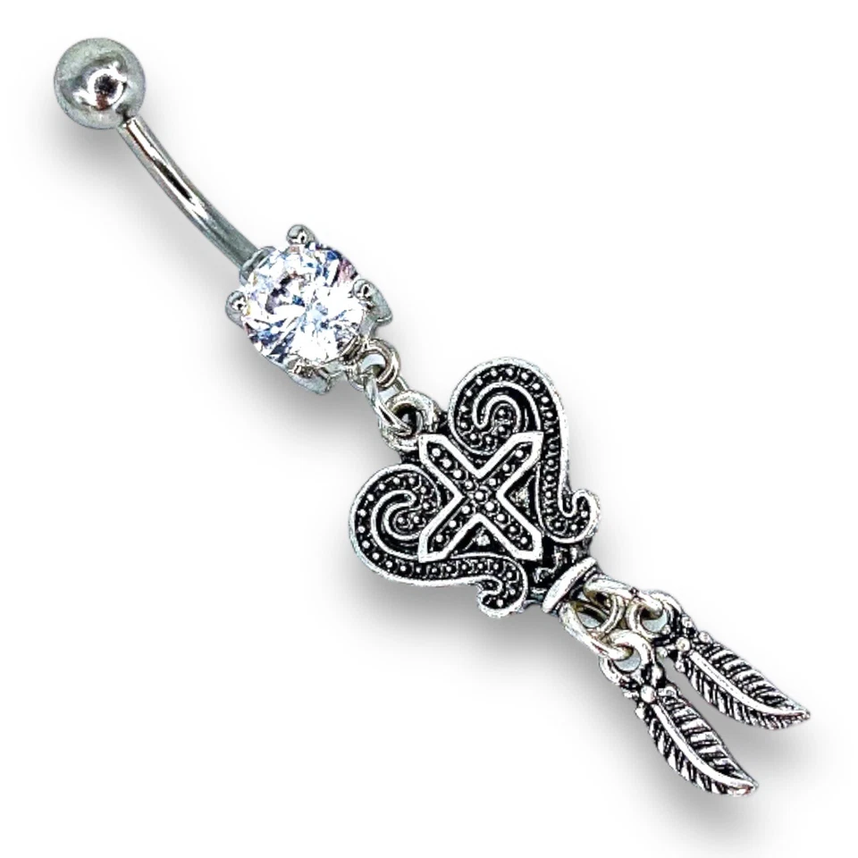 Anillo vientre pluma cruz corazón bruñido colgante circonita blanca punta delantera 14g B547 Foto 2 de 3