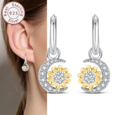 KUNSIR Sunflower & Moon Drop Hoop Earrings For Women 925 Silver Huggie Earrings