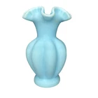 Vintage Fenton 1970's Blue Satin Glass Ruffled Top Vase 5.5"