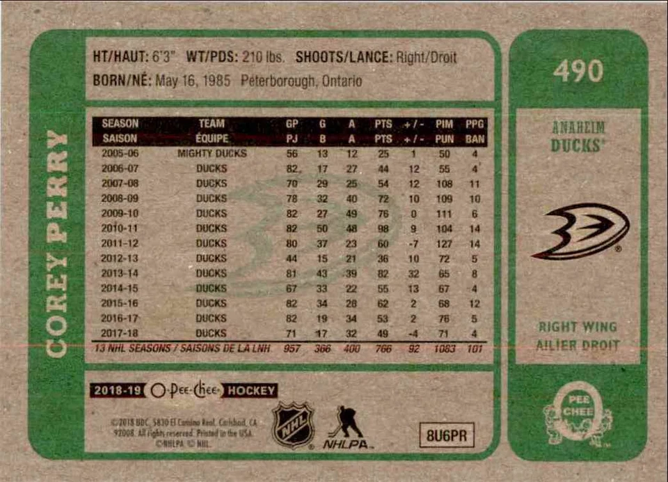 2018-19 O-Pee-Chee Retro Corey Perry #490 - Image 2 of 2