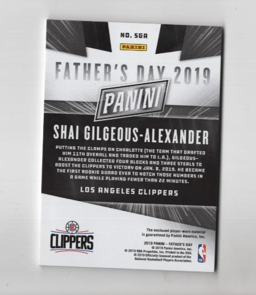 SHAI GILGEOUS-ALEXANDER 2019 PANINI FATHER'S DAY BASKETBALL JERSEY PATCH #D /99 - Image 2 of 2