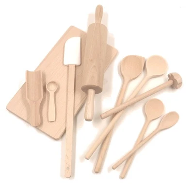 10-Teile Holz Kinder-Backset Nudelholz Brettchen Kochlöffel Quirl Teigschaber