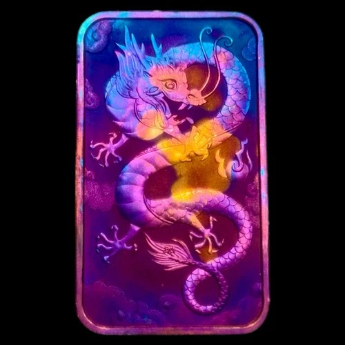 1 Oz Silver Bar .999 Fine Silver Dragon Bar Monster Rainbow Toning Uncirculated