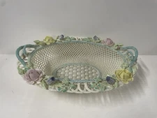 Belleek Basketware Oval Porcelain White Basket Green Handles Pastel Flowers