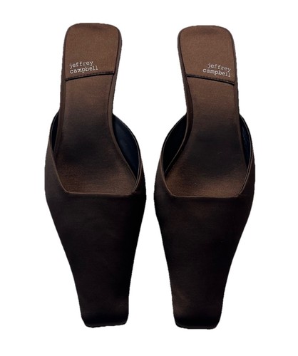 Jeffrey Campbell Heels Womens 8 Brown Satin Esmerelda Square Mules Kitten Heel