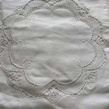 Vtg  "PAPER WHITE" HAND EMBROIDERED & Lace Euro Pillow Sham New Old Stock 25X25
